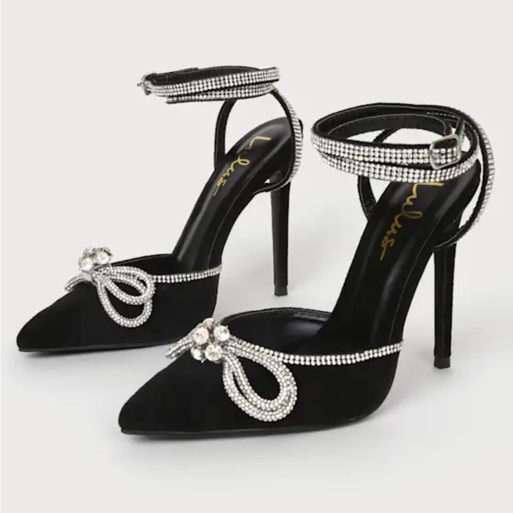 Lullie Black Suede Rhinestone Ankle Strap Pointed-Toe Pumps